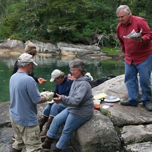 Good eating!  Fresh steamed or raw oysters boiled spotted prawns, seafood quesadillas with raspberry chipotle sauce, chips and salsa and drinks.  The good food was only topped by the great camaraderie.