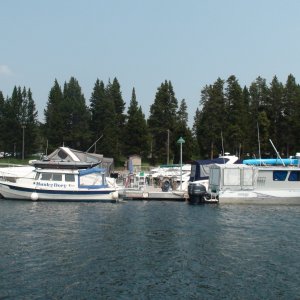 This years dock spot at BridgeBay Marina, Yellowstone Lake. Shared with friend Les & Sandy Fisher & their Hewes Craft 26 with twin Yamaha 250\'s
