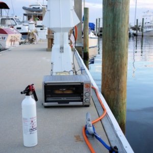 dockside toaster oven cooking with 30a adapter keeps heat and smells out of the cabin