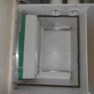 Unit is extended out for use. Return air enters through louvers in plenum wall, cycles through heat exchanger, and exits through the duct work. (Louvers, backordered, had not yet been installed when this pic was taken.  They would be in the lower wall, midship.)