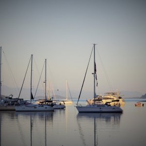 The C-Dory 16 is tiny amongst all the yachts in Fossil Bay.