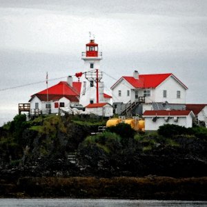 A photo Dee took between Prince Rupert and Ketchikan, Green Island Light house, British Columbia in watercolor