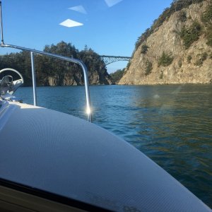 About to go through the smaller Canoe Pass with the 7kt current