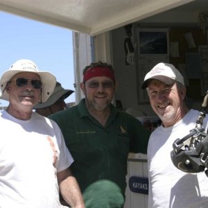 Bike ride prep - l to r Steve (Dora Jean), Bob (guest on Sealife), Jim (Pounder)