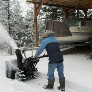 Returning from Seattle gathering, Jan 2011 - clearing snow in front of Grey C'Lune's shelter