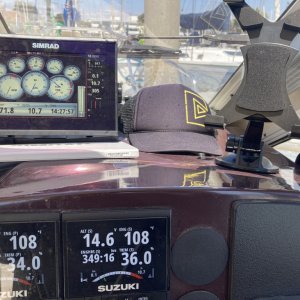 SIMRAD w/ suzuki's - engines last serviced at 300hrs 
JUST out of view - Fusion Stereo w/2 interior 2 exterior speakers.