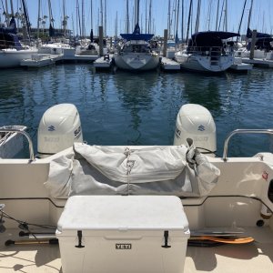 cockpit with dinghy motor mount and grill