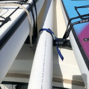 PVC Fender storage - keep it tied to roof rack then simply lift over kayak and hold with 2 ft cinch stops (ft & rr)