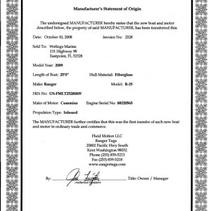 MSO2528 Manufacturer's Statement of Origin