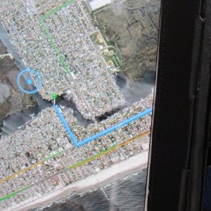 The green headed pin is the vehicle route the boat is shown with the expanded circle around it on the IPAD