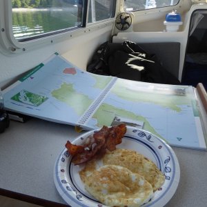 Saturday morning breakfast. Was studying up on Powell River!