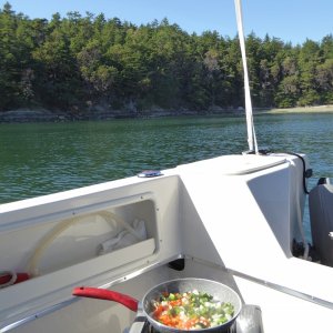 Fixing dinner on the boat Saturday night