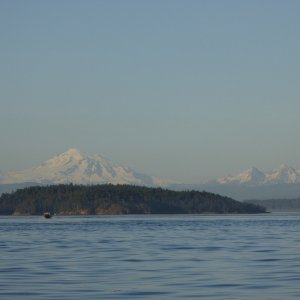 View of Mount Baker behind Matia Island, as seen from Fossil Bay at Sucia