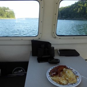 Having breakfast Monday morning while waiting for dinghy to dry off