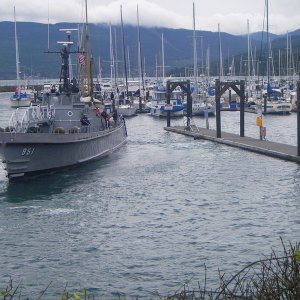Navy Boat, "Olympic Venture" backing into parking position at John Wayne Marina.