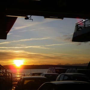 Sunset over the Olympic mountains from the Kingstson ferry.