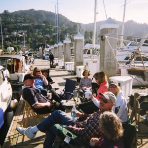 Comparing tattoos on the dock at Sausalito.