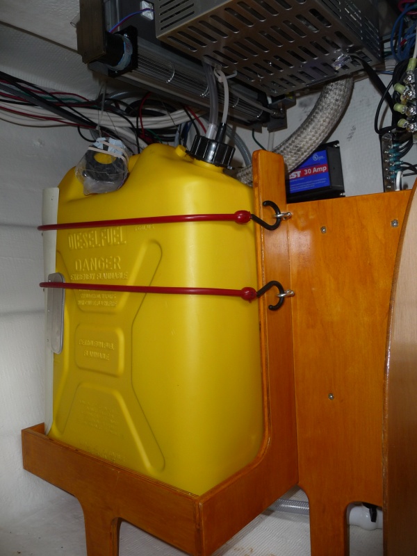 18. New 5 Gallon Wallas Fuel Container. We can now run the stove 24 hours a day for 7 days before we have to think about refilling the fuel container.