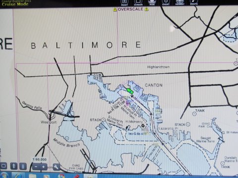 A screen shot of our 15.5" laptop running Coastal Explorer software with a portable GPS puck.I use our auto pilot on the long straight runs.Laptop sits turned sideways on the dinette table I wait until I have the boat onn the course then click on the auto pilot.I use our Garmin 4208 with the radar overlay and to keep an eye on current depths when I cut corners  This picture of our route into Fells Point, which is walking distance of Baltimore's inner harbor. Stayed at Hendersons Wharf in Fells Point walked to Little Italy. Serious thunder storms Sunday night 5/15/2011