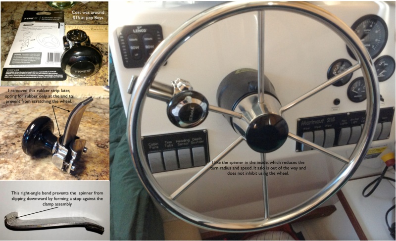 An inexpensive spinner for under $20.
I have one of those oval wheel tubes, and did not want to spend an arm and a leg for a spinner. Here's how it was done with a spinner made for automobiles. The spinner is out of the way, and has improved docking immeasurably.
