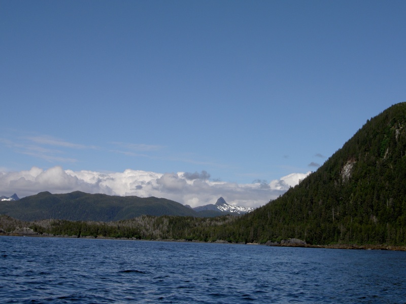 Approaching Piehle Passage & Khaz Head going north from Sitka on outer coast of Chichagof  Island Wilderness Area.  Sharp Mt in background rises directly above Sister Lake.