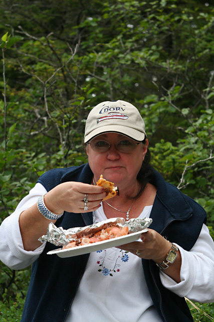 Becky enjoys a seafood quesadilla with raspberry chipotle.