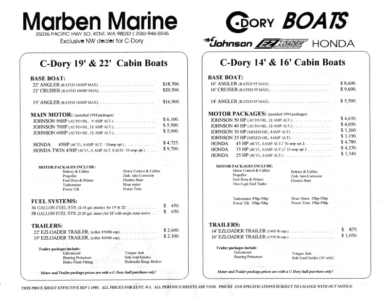 C-Dory 1993 Misc prices Pg 2
19 & 22 Cabin Boats
14 & 16 Cabin Boats