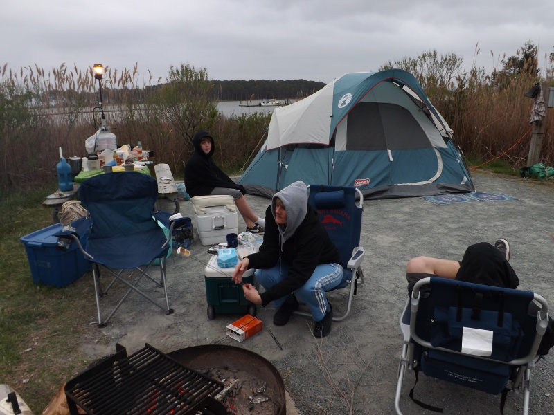 camp with dory on the dock