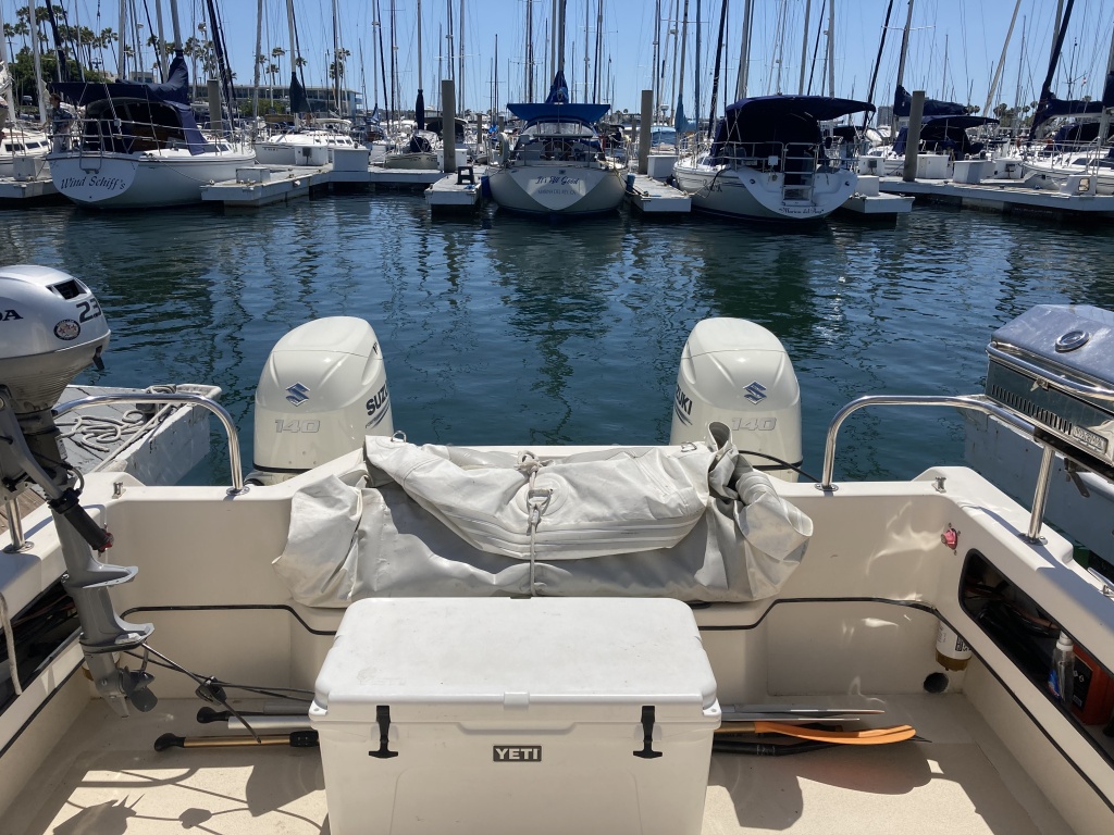 cockpit with dinghy motor mount and grill