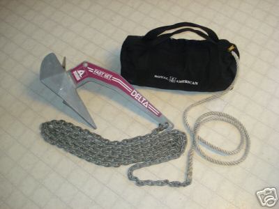 Delta Fastset 14 lb anchor with 15 feet of G-4 High Test galvanized chain, 150 feet of  1/2" three-strand nylon rope, and canvas rode bag.