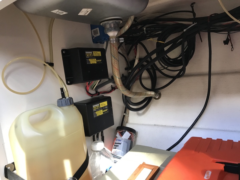 Diesel fuel container for Wallas 95D stove/heater in galley counter cabinet.