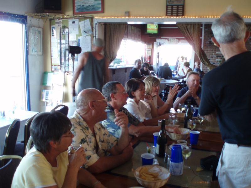 Dinner at the Sausalito Cruising Club. L-R: Susan & Joel, Sam & Kerry, Kathy and Jim, Dr. Bob standing.