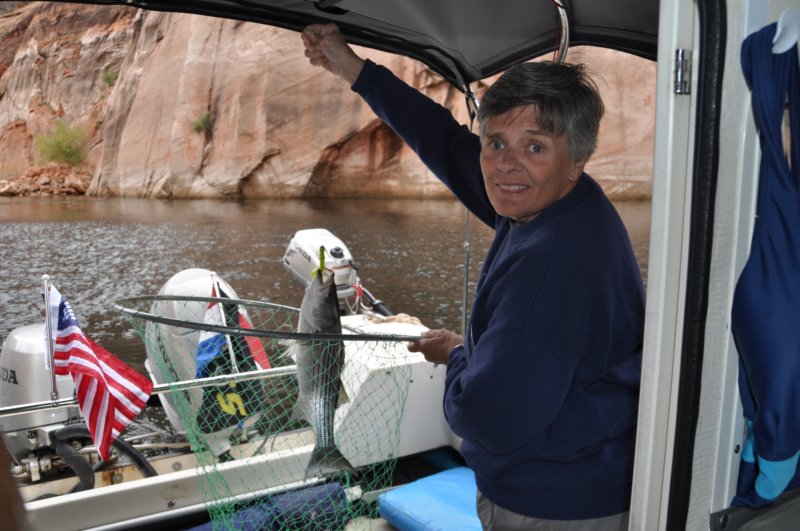 Emily caught a striper between storms