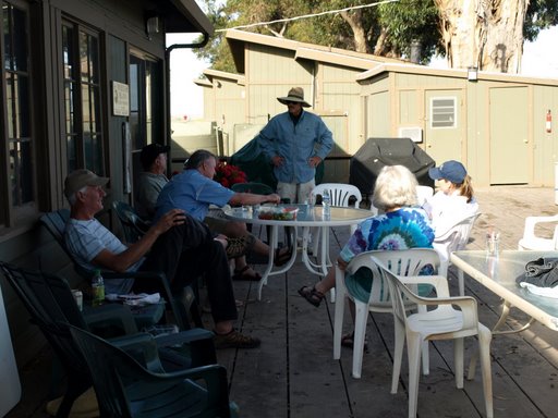 Jay, Jim, John, Steve, Kathy and Mary on the porch of the Duck Club at Wheeler Island