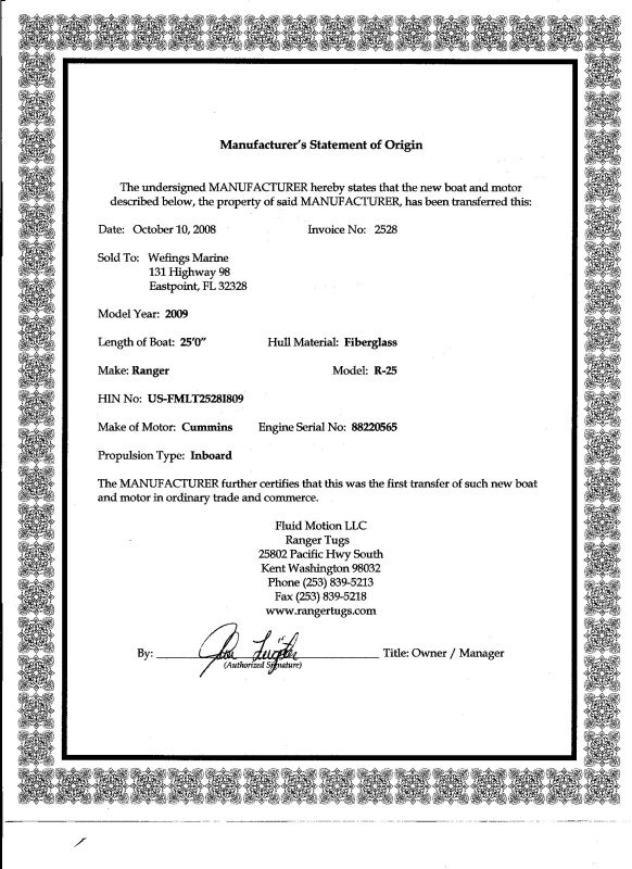 MSO2528 Manufacturer's Statement of Origin