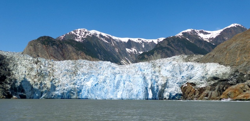 North Sawyer Glacier in Tracy arm.  See the tour boat for a size comparison of this huge glacier!