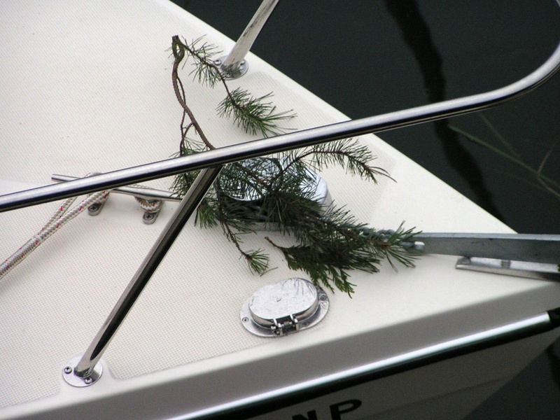 (Pat Anderson)Sprig of Greenery on Bow of Two Lucky Fish