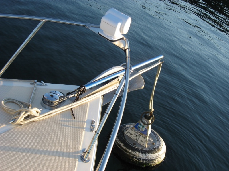 Temporary Bow Sprit For Mooring Buoys.JPG

Keeps buoy from banging into hull in the middle of the night.