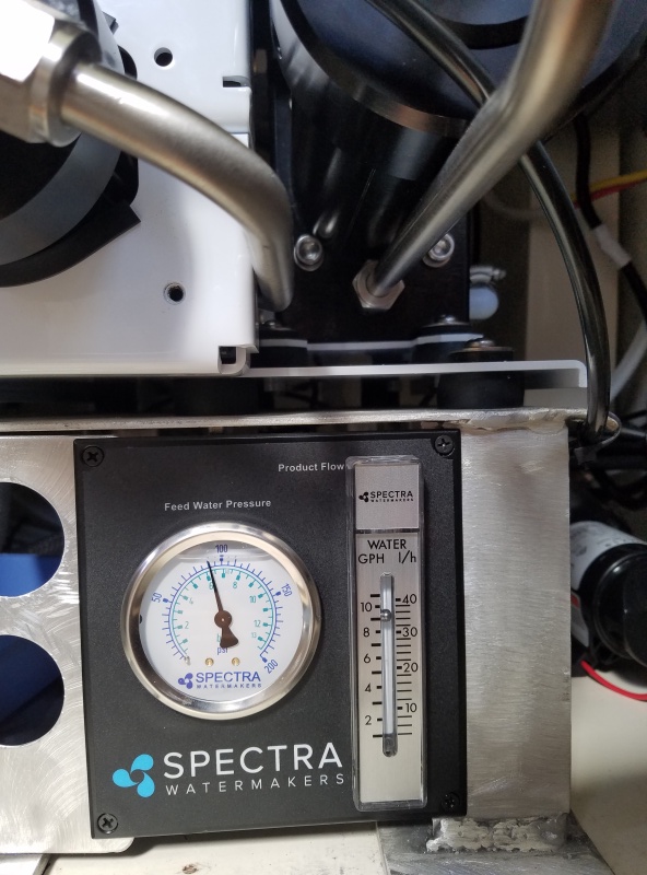 The flowmeter shows we are making over 8 gallons an hour from the salty Sea of Cortez. 8 amps draw out of 14 amps put out by the solar system midday in Mexico.
