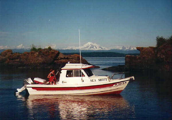 The former 16' "Sea Shift" at Clark Island in the San Juan Islands of Wa. State. Mt. Baker is in the background. (Photo taken in summer of 2000).