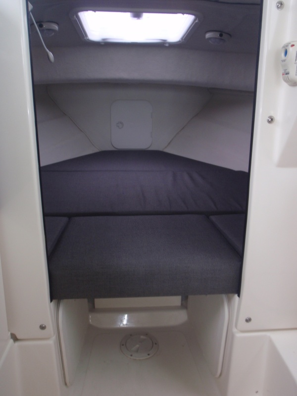 V berth w/storage floor cabinets port/stbd, bilge access inspection plate aft of water tank, no wall shelving, extra storage under forward most cushion, access to anchor locker.  Privacy curtain not visible.