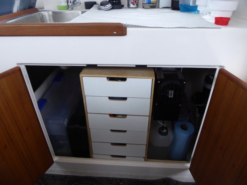 Wallas 1300 installed under galley just to the right of the drawers.