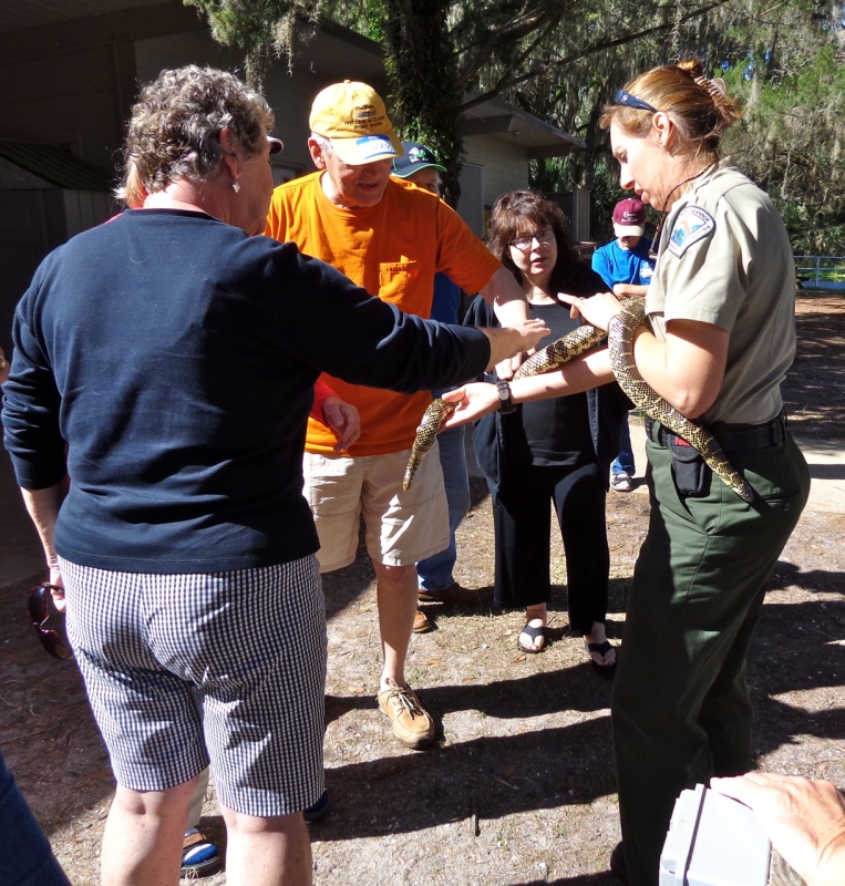Wendy and Larry (The Odyssey) pet the snake held by Ranger Christine while Autumn (Seafari) waits her turn.
